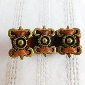 Leatherock USA Brass Genuine Leather Bracelet Cuff Marked LR Brown 7.5" EUC